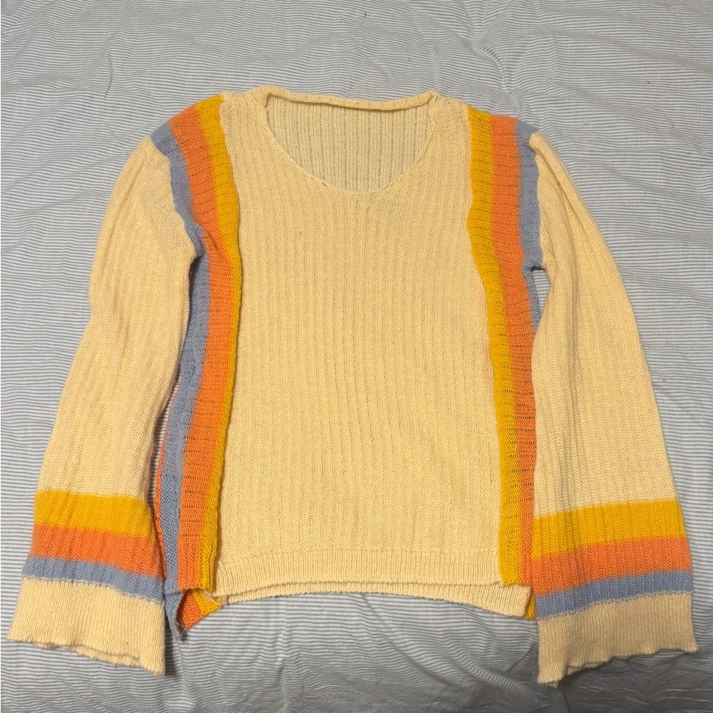 SHEIN Cream V-Neck Sweater with Stripes